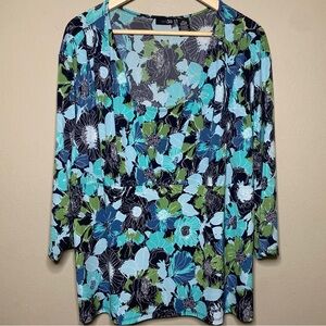 East 5th Blouse Women 3X Green Floral Art To Wear Boho Pullover 3/4 Sleeve